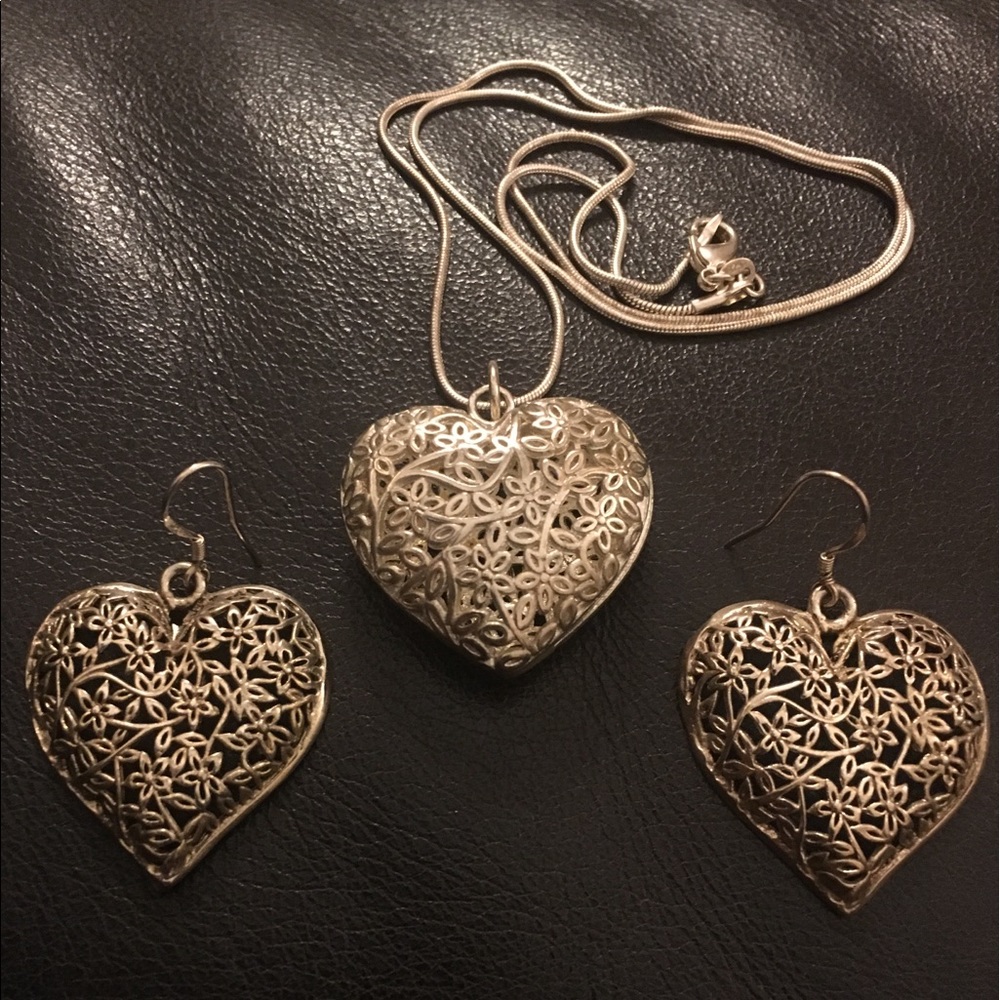 💕Brighton Collectibles Sterling Silver Filigree Heart Earrings&Pendant